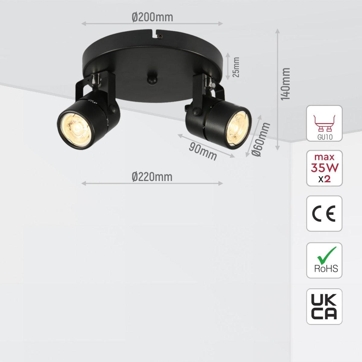Size and specs of 2 Way Mane Tray Spotlight with GU10 Fitting Black | TEKLED 172-03074