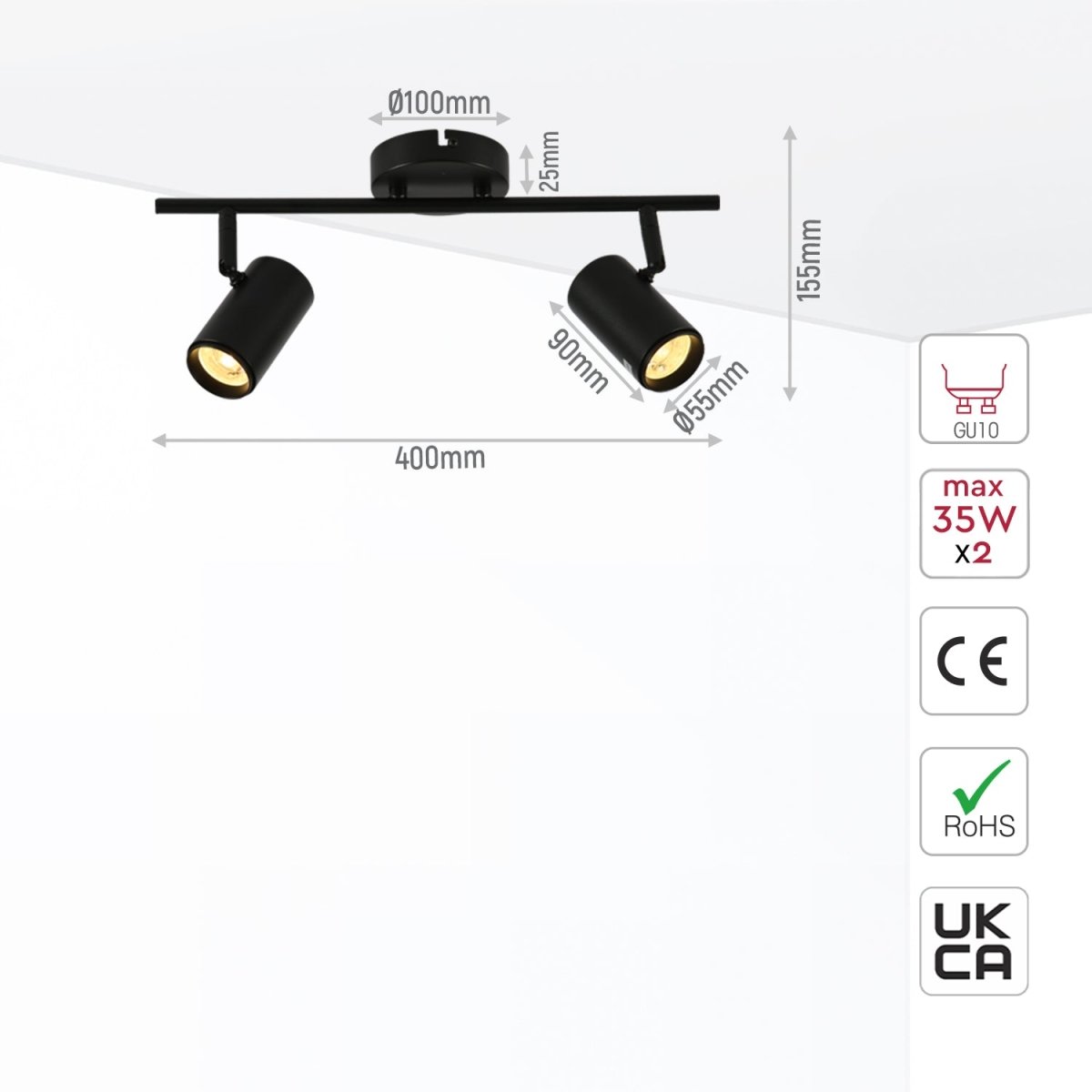 Size and specs of 2 Way Virmo Rod Spotlight with GU10 Fitting Black | TEKLED 172-03066