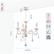 Size and specs of 3 Arm Chandelier Metal and Crystal Gold Aged Cream 3xE14 | TEKLED 159-17828