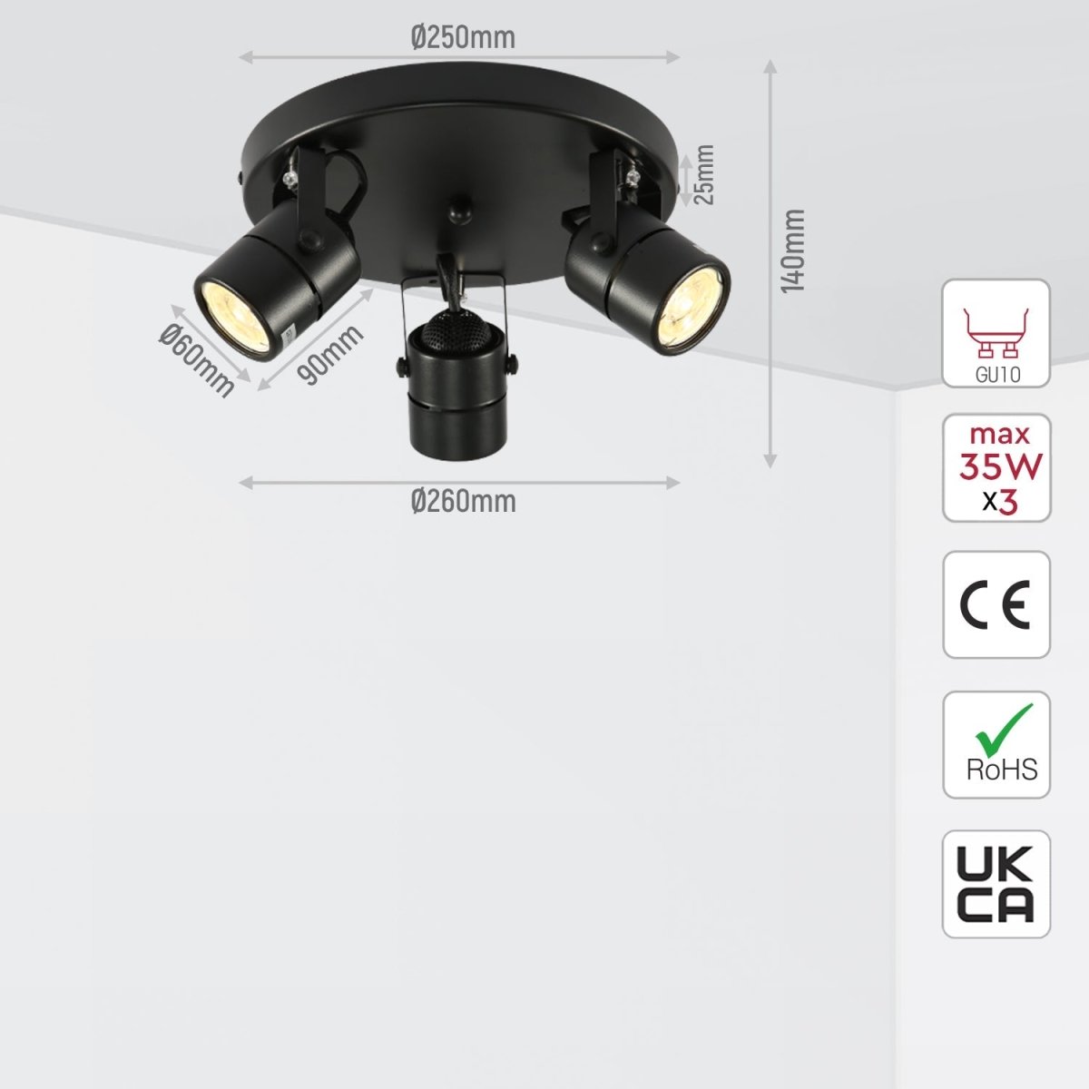 Size and specs of 3 Way Mane Tray Spotlight with GU10 Fitting Black | TEKLED 172-03076