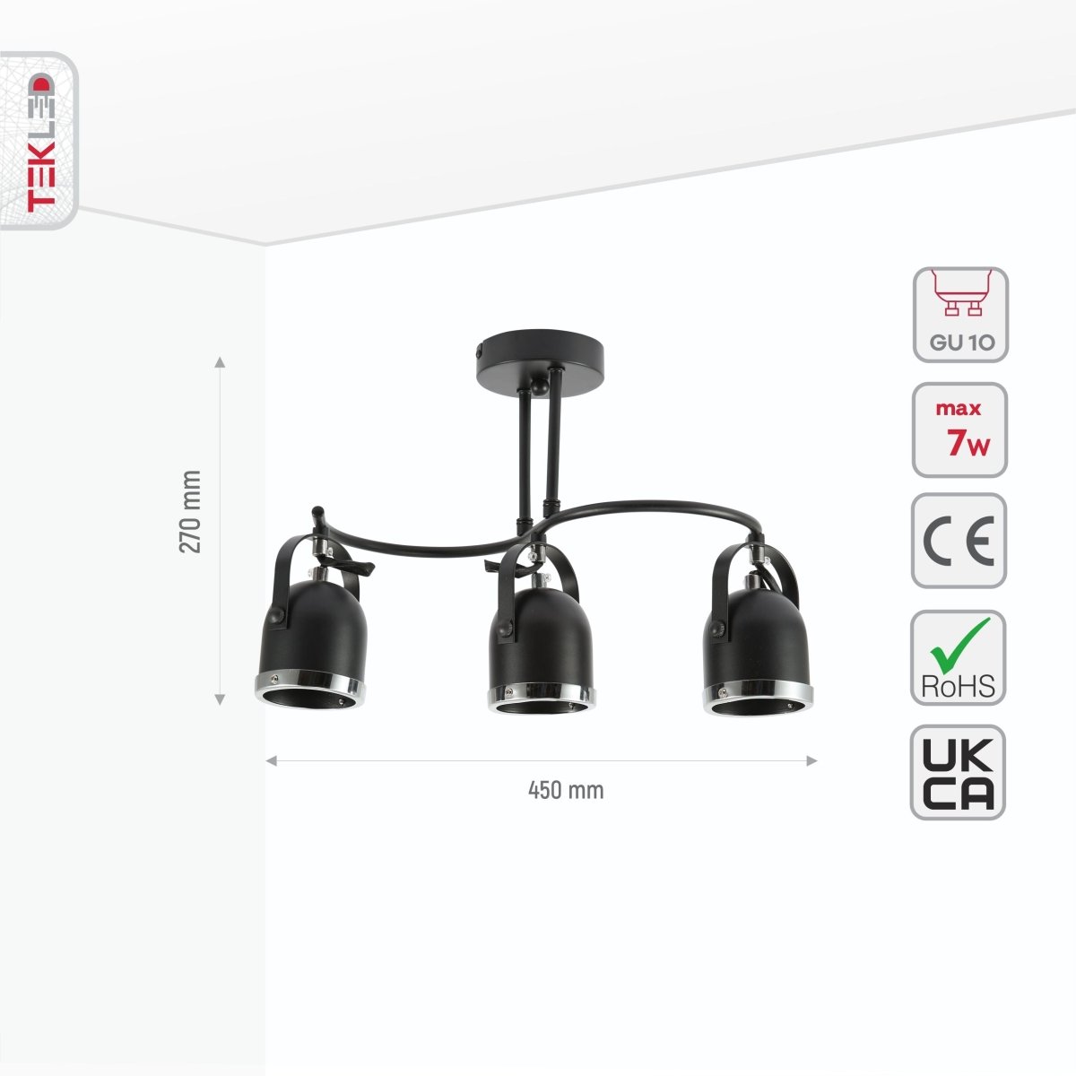 Size and specs of 3-way Spotlight Black and Chrome S shape with GU10 Fitting | TEKLED 172-03106