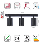 Size and specs of 3-way Spotlight Black Linear Canopy  with GU10 Fitting | TEKLED 172-03032