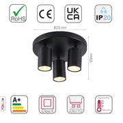 Size and specs of 3-way Spotlight Black Round Canopy with GU10 Fitting | TEKLED 172-03034