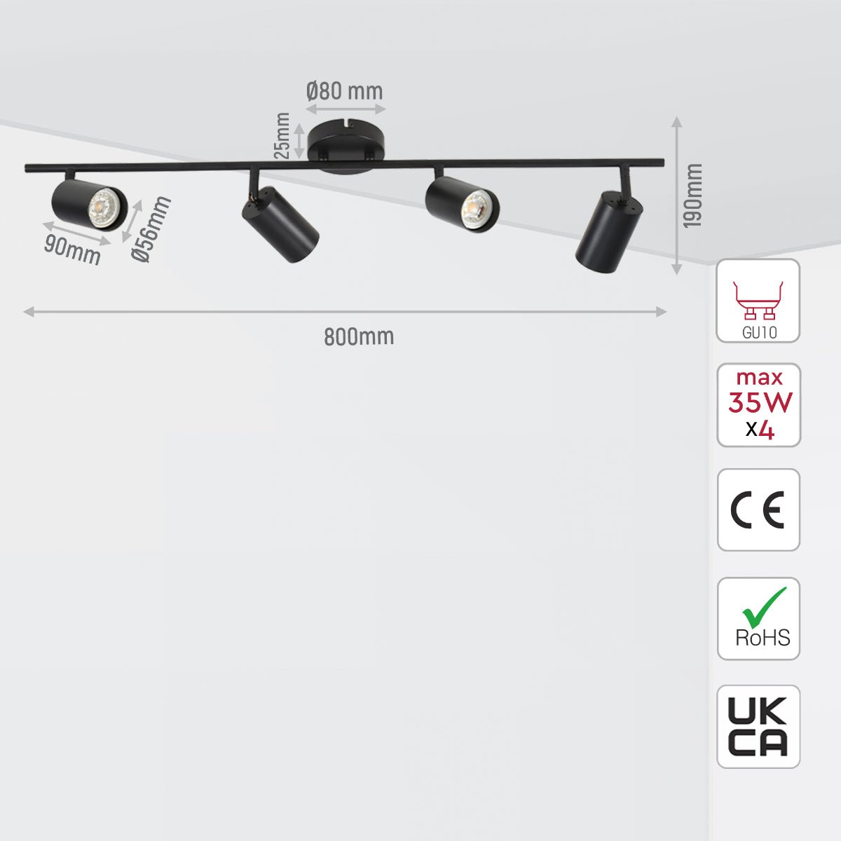 Size and specs of 4 Way Cylinder Rod Spotlight with GU10 Fitting Black | TEKLED 172-03054