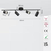 Size and specs of 4 Way Cylinder Rod Spotlight with GU10 Fitting Black | TEKLED 172-03054
