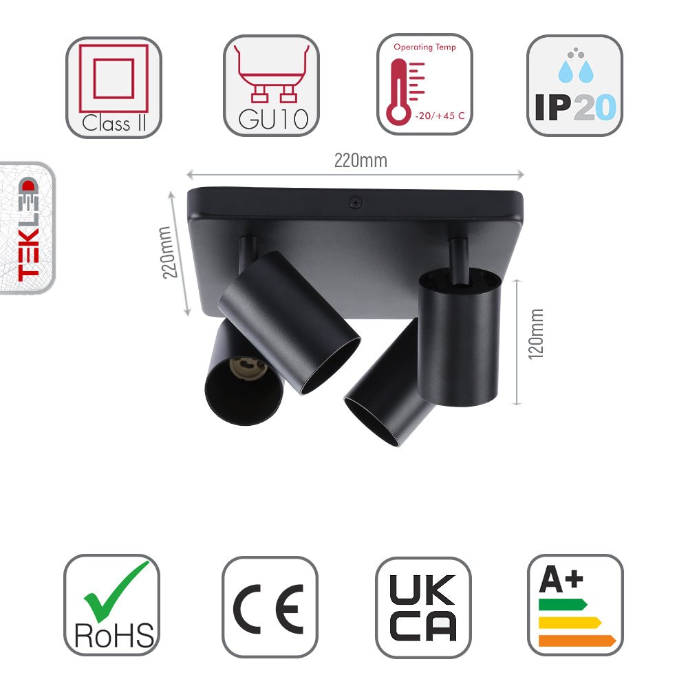 Size and specs of 4-way Spotlight Black Square Canopy with GU10 Fitting | TEKLED 172-03036