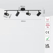 Size and specs of 4 Way Virmo Rod Spotlight with GU10 Fitting Black | TEKLED 172-03070