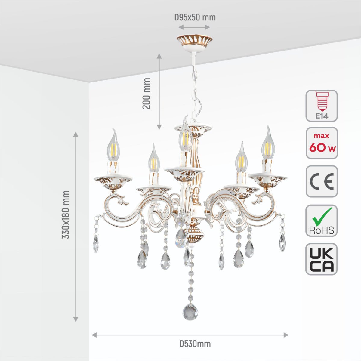 Size and specs of 5 Arm Chandelier Light Ceiling Light Traditional French Vintage Retro Candle Metal and Crystal Gold Aged Cream 5xE14 | TEKLED 159-17830