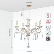 Size and specs of 5 Arm Chandelier Light Ceiling Light Traditional French Vintage Retro Candle Metal and Crystal Gold Aged Cream 5xE14 | TEKLED 159-17830