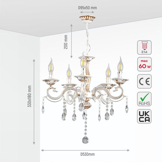 Size and specs of 5 Arm Chandelier Light Ceiling Light Traditional French Vintage Retro Candle Metal and Crystal Gold Aged Cream 5xE14 | TEKLED 159-17830