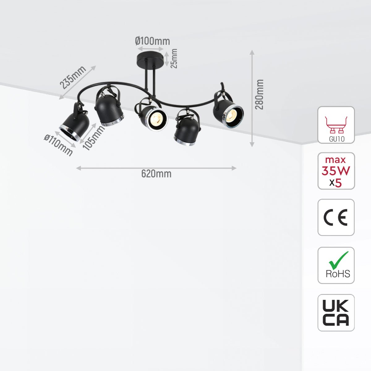 Size and specs of 5 way Spotlight Black and Chrome S shape with GU10 Fitting | TEKLED 172-03108