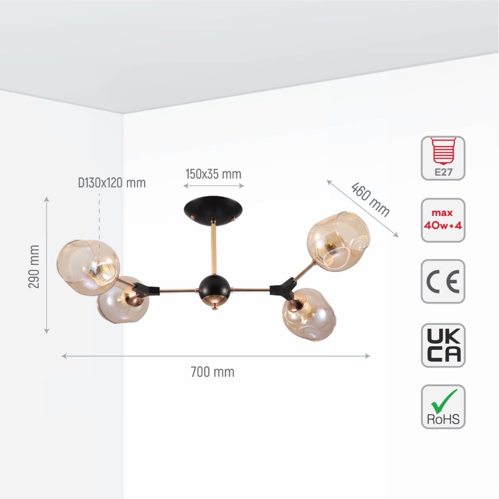 Size and specs of Amber Bell Glass Sputnik Gold Semi Flush Ceiling Light E27 | TEKLED 159-17720