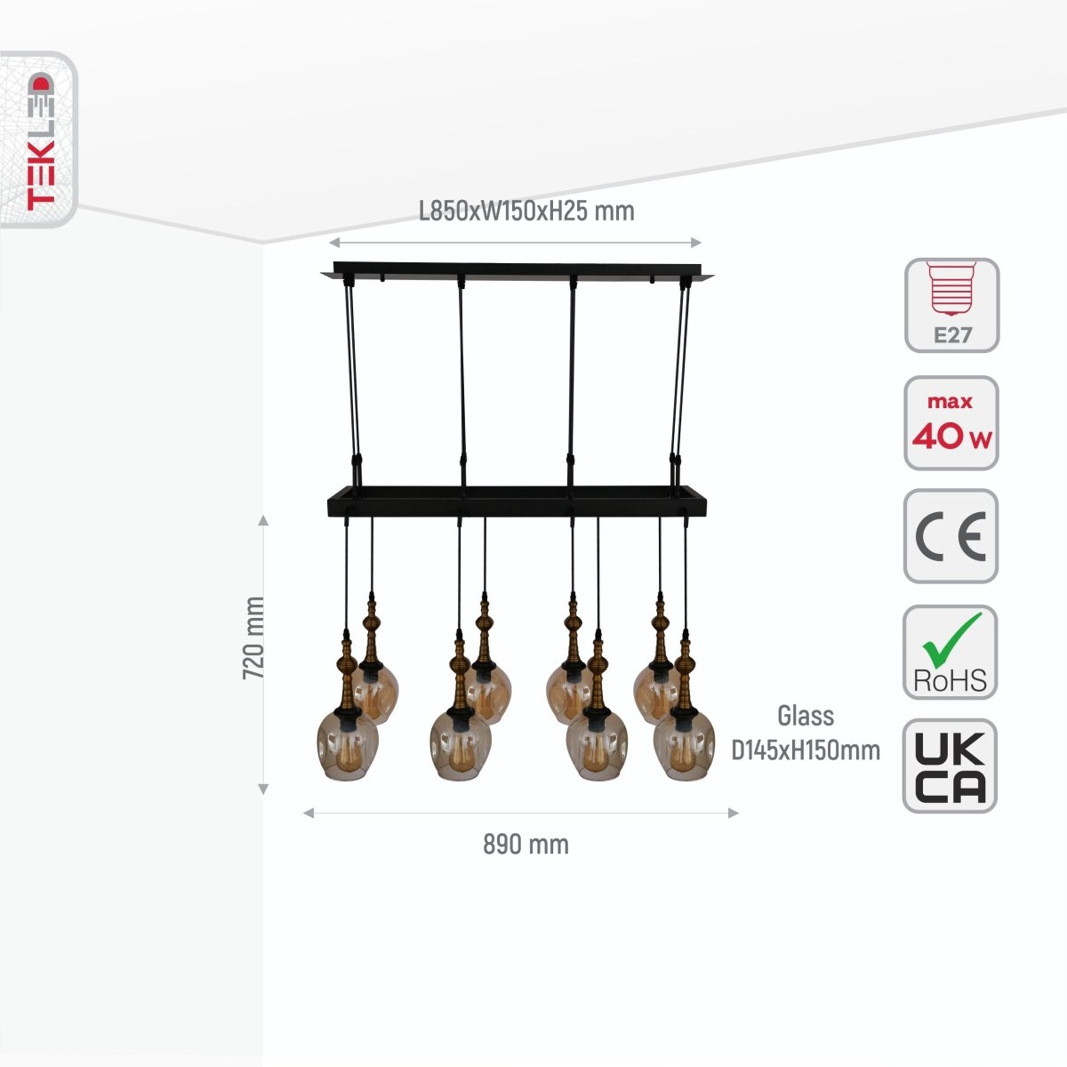 Size and specs of Amber Cone Glass Black Metal Island Chandelier with 8xE27 Fitting | TEKLED 158-19582