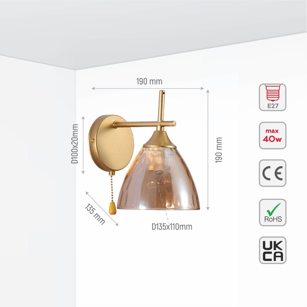 Size and specs of Amber Cone Glass Gold Wall Light E27 Pull Down Switch | TEKLED 151-19772
