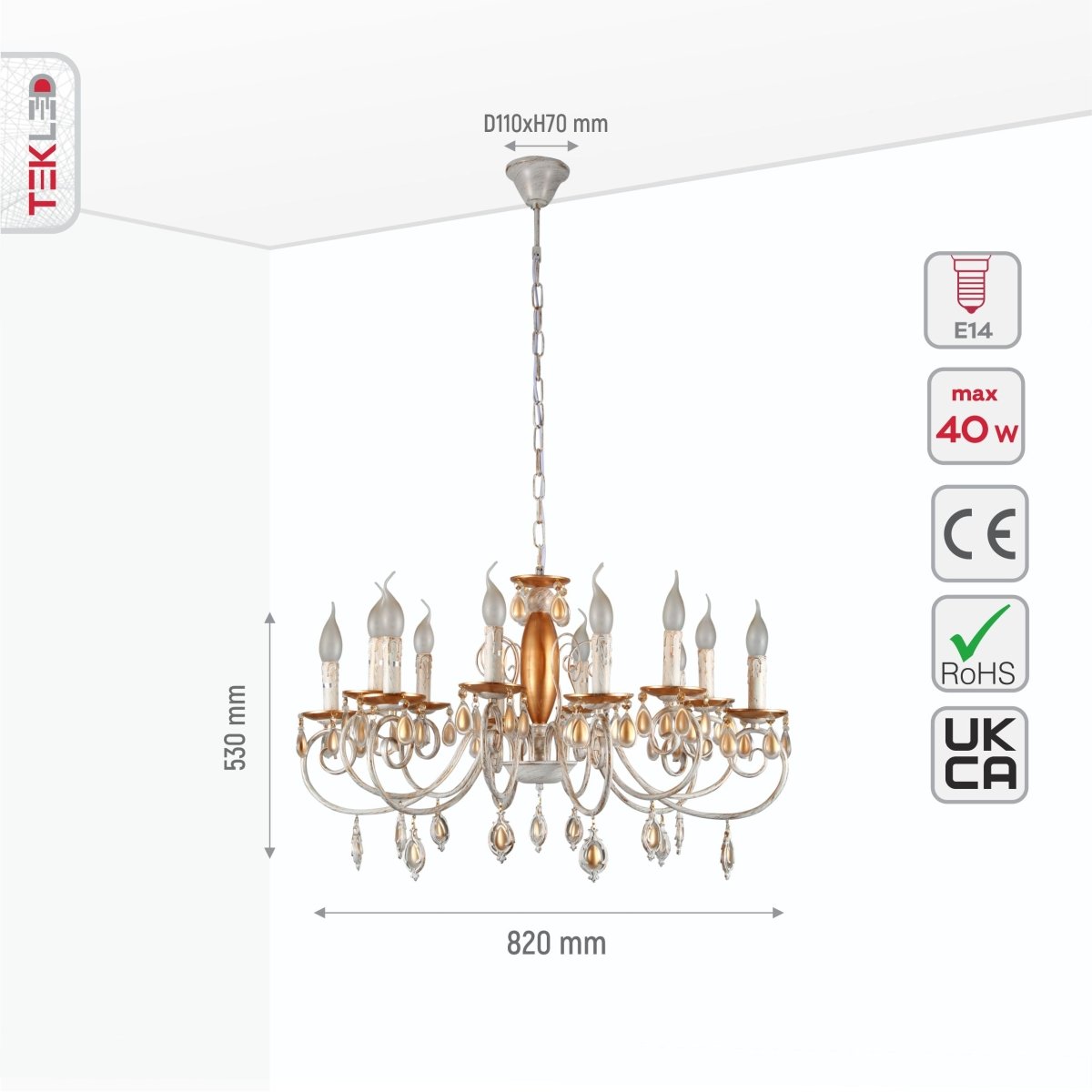 Size and specs of Amber Crystal Gold and White Metal 12 Arm Chandelier with E14 Fitting | TEKLED 158-19445