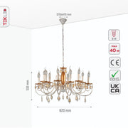Size and specs of Amber Crystal Gold and White Metal 12 Arm Chandelier with E14 Fitting | TEKLED 158-19445