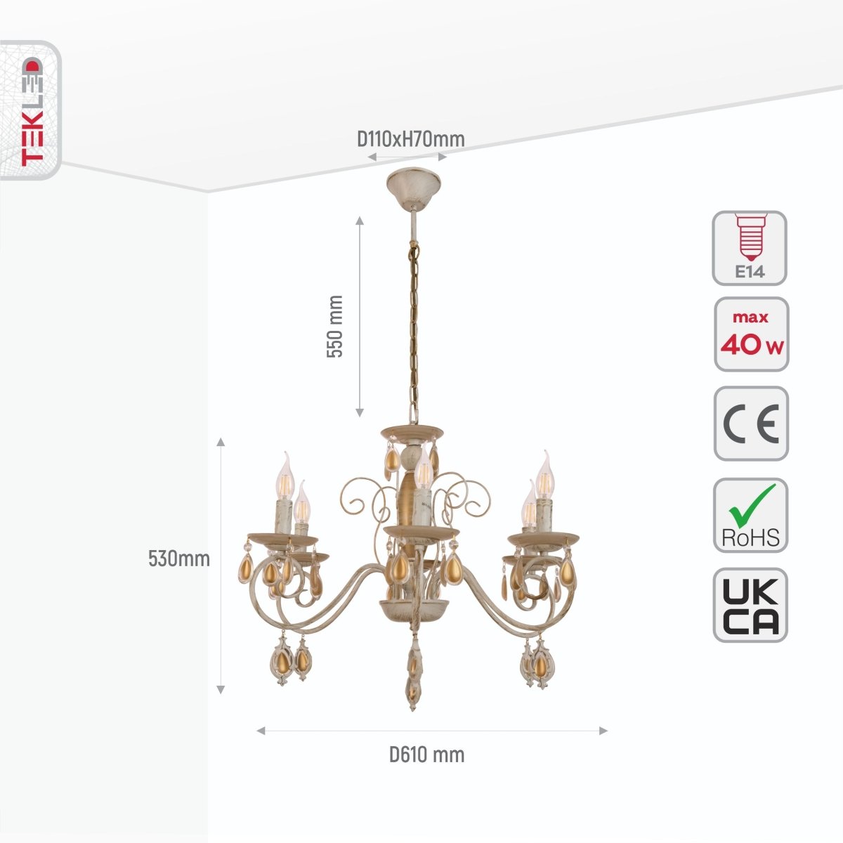 Size and specs of Amber Crystal Gold and White Metal 6 Arm Chandelier with E14 Fitting | TEKLED 158-19443