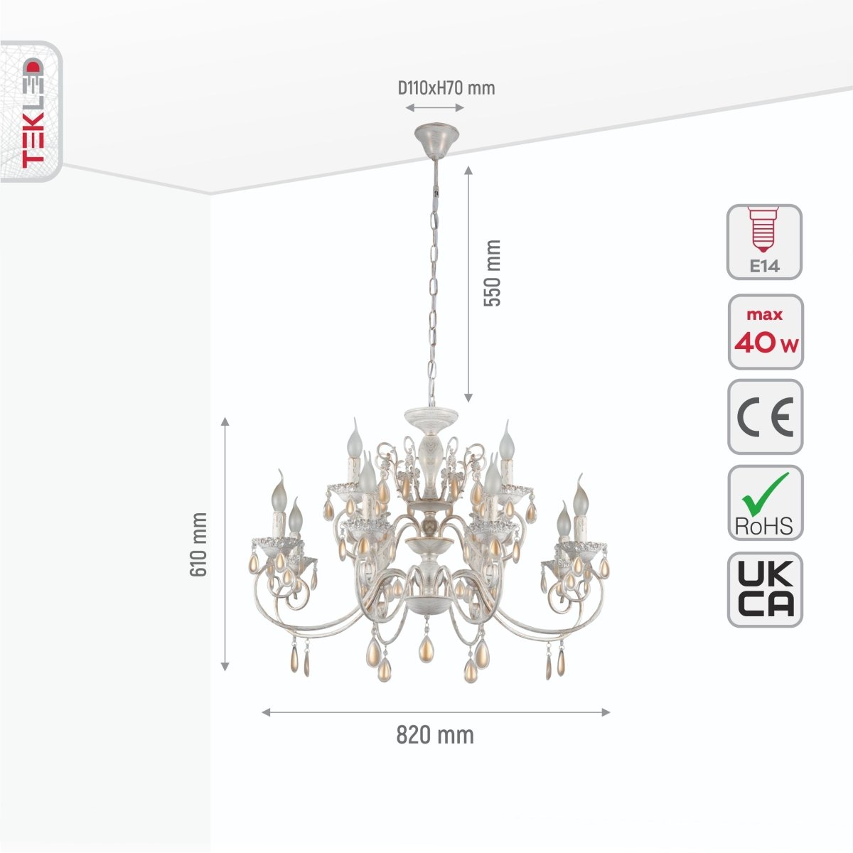 Size and specs of Amber Crystals Rice White with Gold Brushed Metal 12 Arm Chandelier with E14 Fitting | TEKLED 158-17854