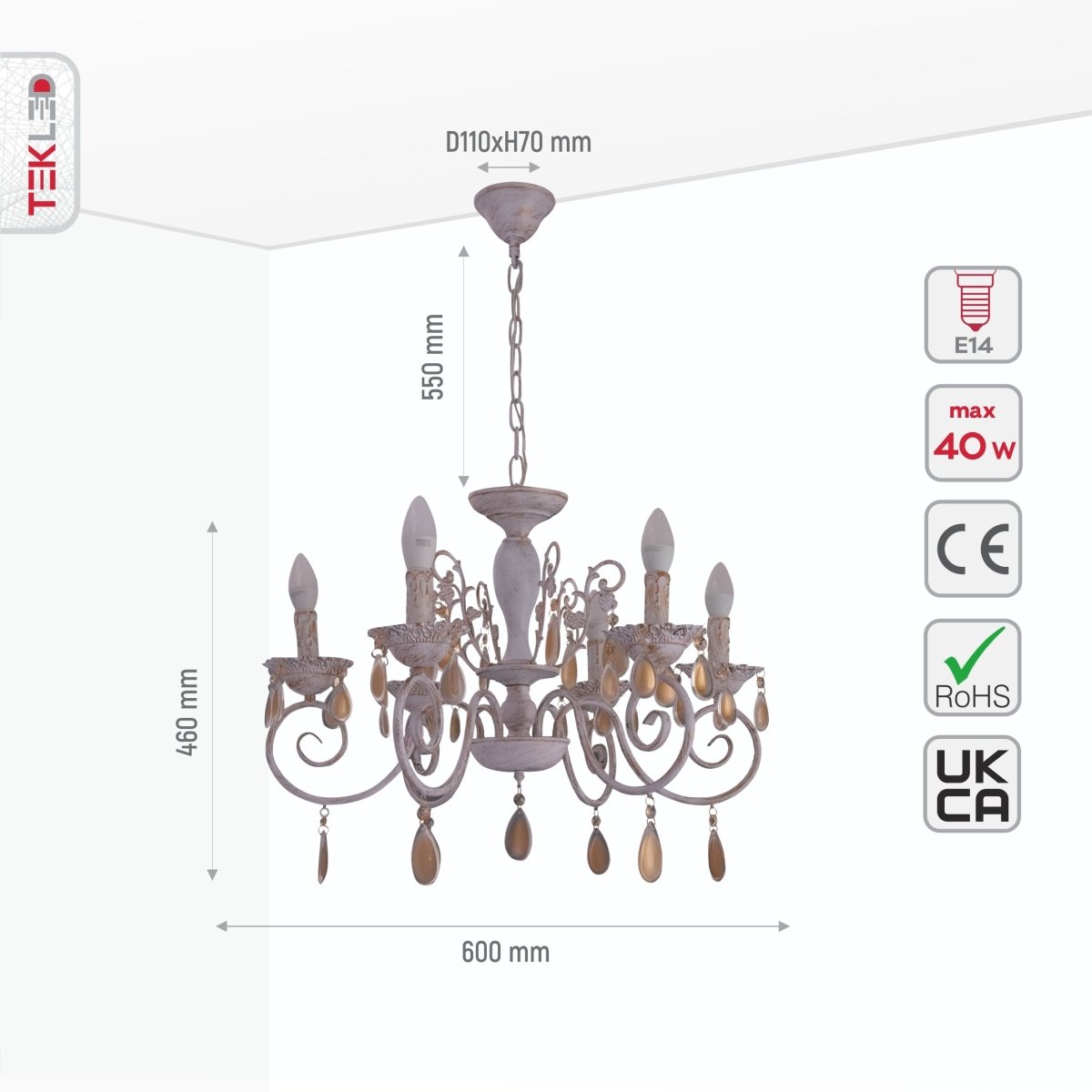 Size and specs of Amber Crystals Rice White with Gold Brushed Metal 6 Arm Chandelier with E14 Fitting | TEKLED 158-17850