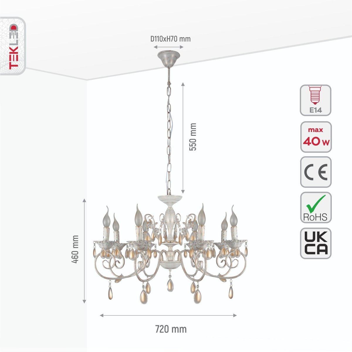 Size and specs of Amber Crystals Rice White with Gold Brushed Metal 8 Arm Chandelier with E14 Fitting | TEKLED 158-17852