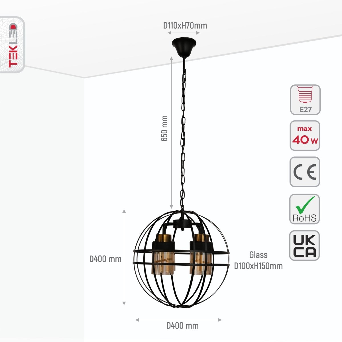 Size and specs of Amber Cylinder Glass Black Cage Metal Chandelier with 4xE27 Fitting | TEKLED 158-19572