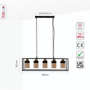 Size and specs of Amber Glass Black Metal Body Island Chandelier with 5xE27 Fitting | TEKLED 159-17398
