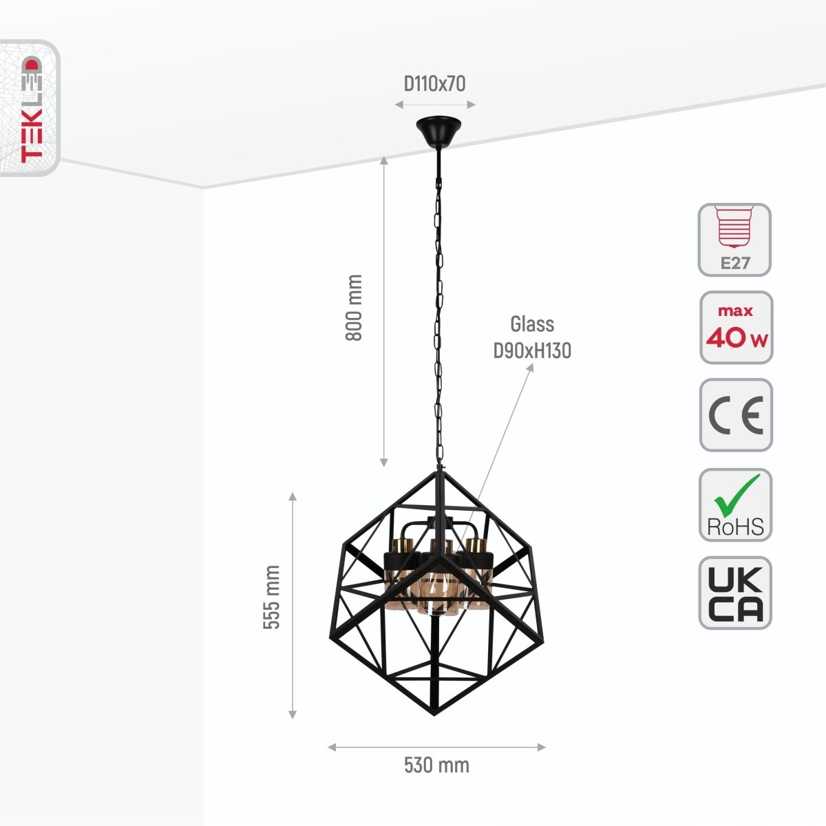 Size and specs of Amber Glass Black Metal Cube Body Chandelier with 3xE27 Fitting | TEKLED 159-17400