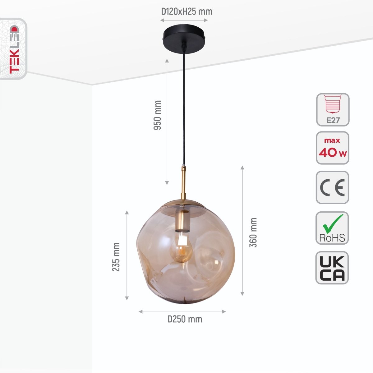 Size and specs of Amber Glass Crater Pendant Light with E27 Fitting | TEKLED 159-17342