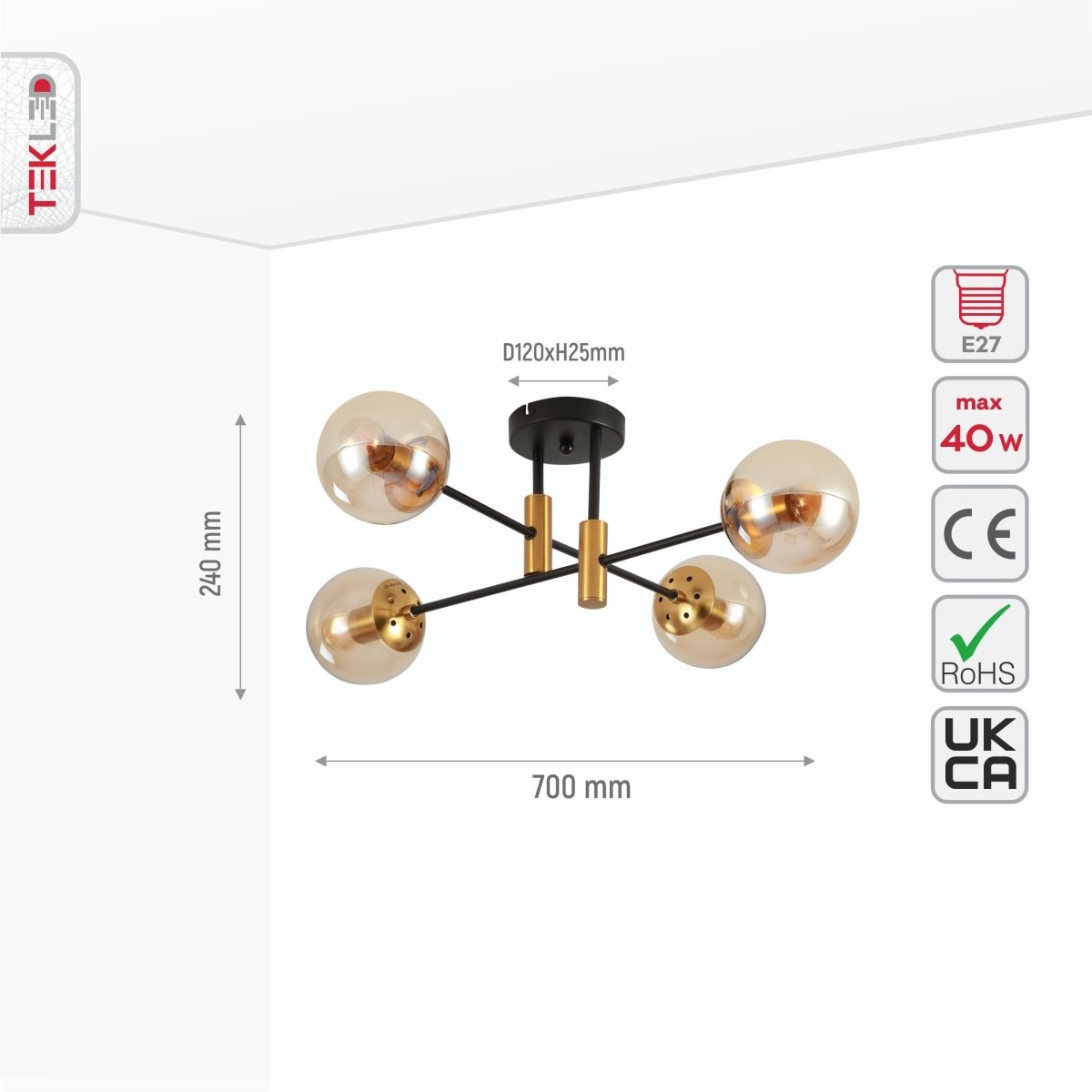 Size and specs of Amber Glass Globe Gold and Black Metal Semi Flush Ceiling Light with 4xE27 Fitting | TEKLED 159-17426