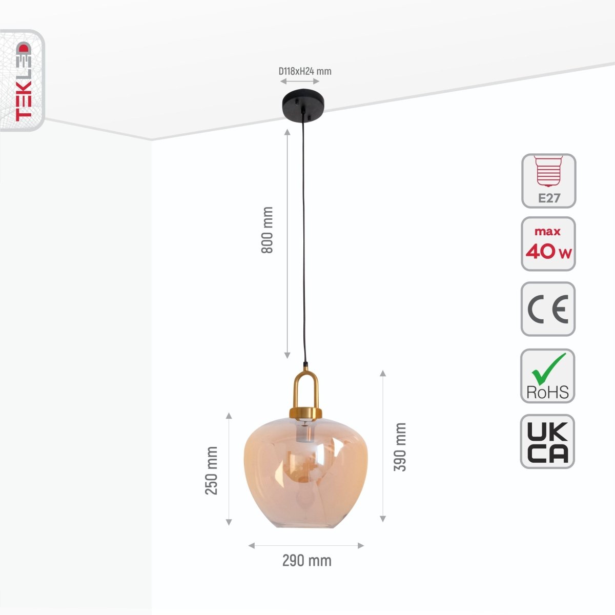 Size and specs of Amber Glass Globe Pendant Light with E27 Fitting | TEKLED 150-18348