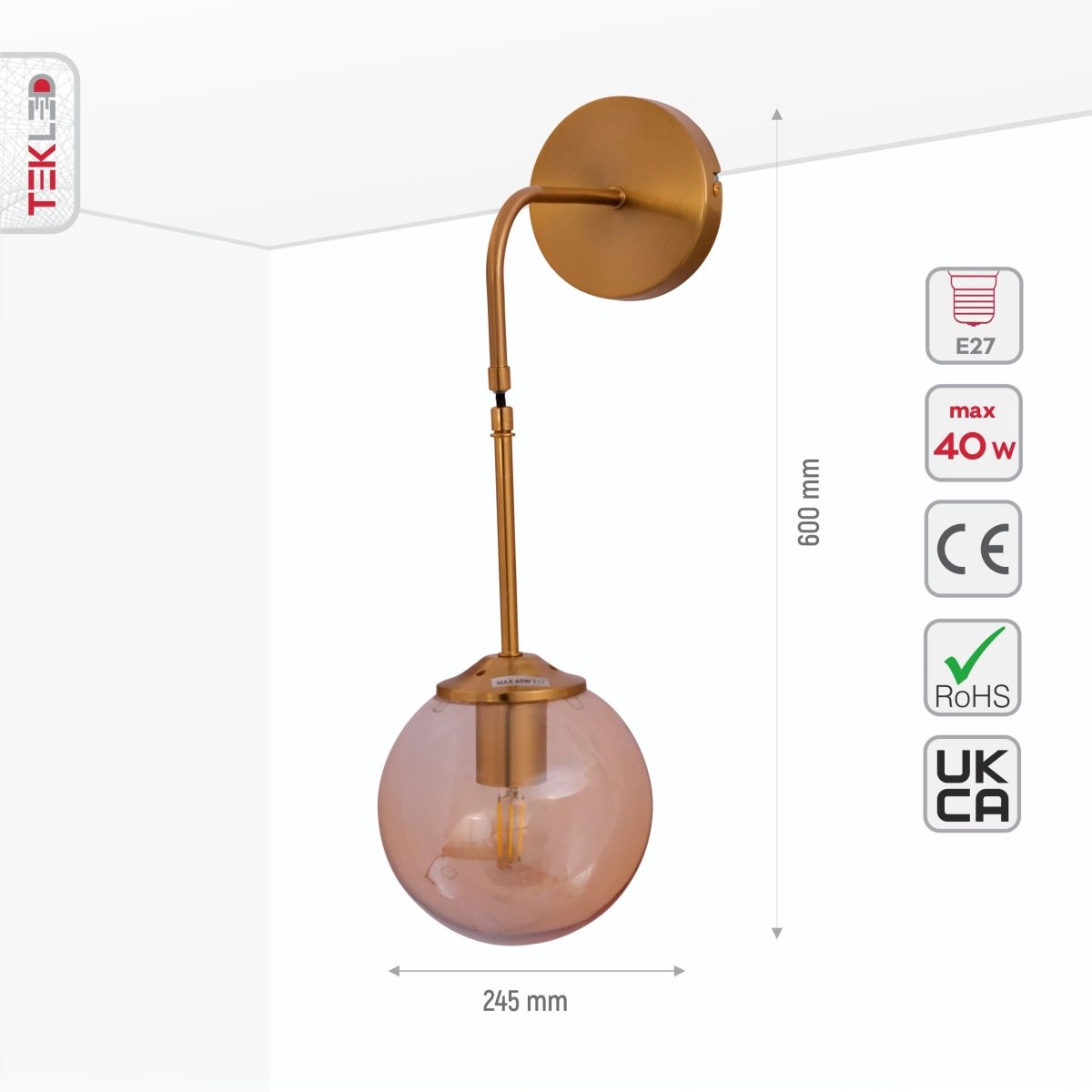 Size and specs of Amber Glass Gold Metal Pendant Wall Light with E27 Fitting | TEKLED 151-19730