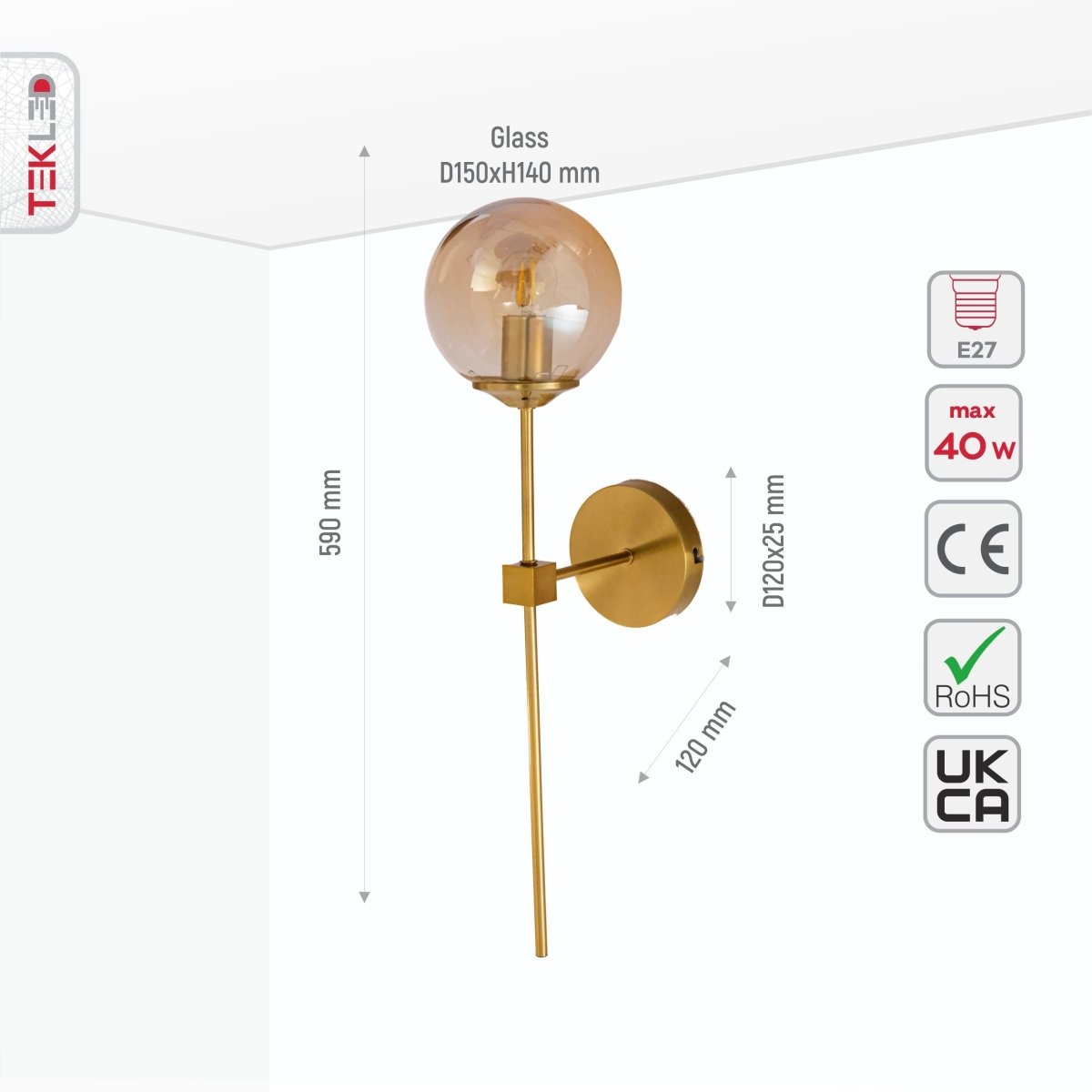 Size and specs of Amber Glass Gold Metal Wall Light L with E27 Fitting | TEKLED 151-19728