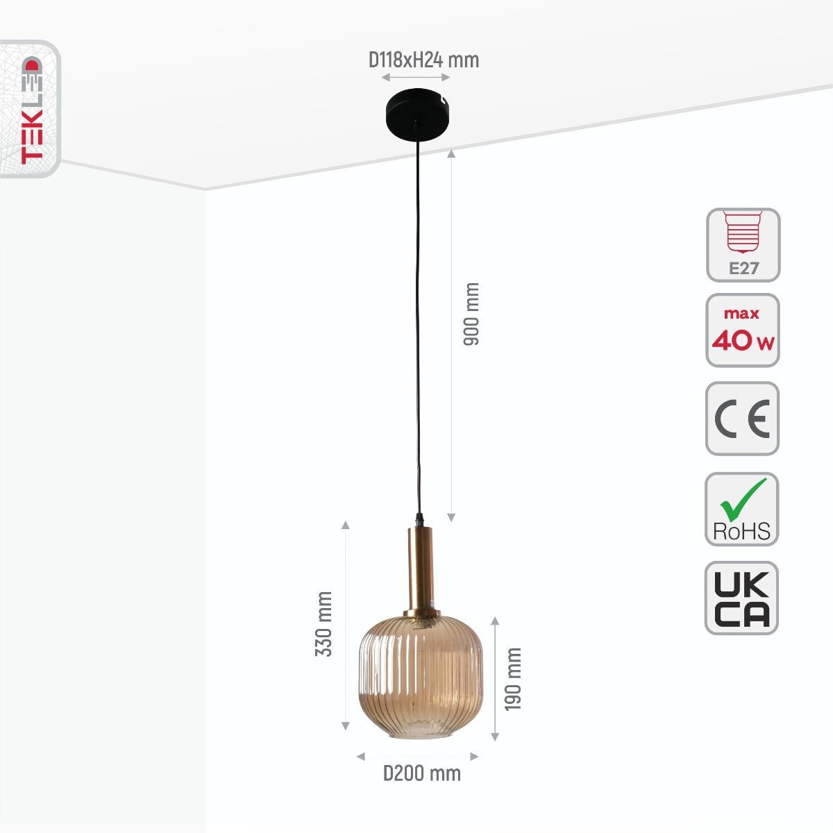 Size and specs of Amber Glass M Pendant Light with E27 Fitting | TEKLED 158-19602