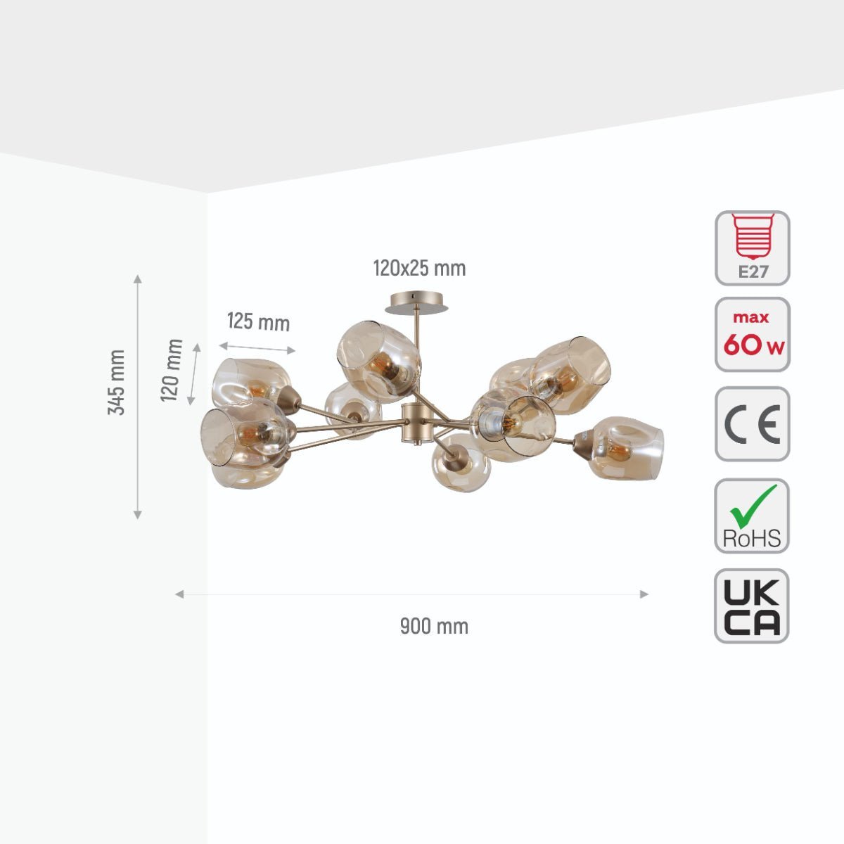 Size and specs of Amber Glass Metalic Gold Branch Twig Semi Flush Modern Ceiling Light with 10xE27 Fitting | TEKLED 159-17816