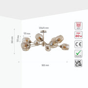 Size and specs of Amber Glass Metalic Gold Branch Twig Semi Flush Modern Ceiling Light with 10xE27 Fitting | TEKLED 159-17816