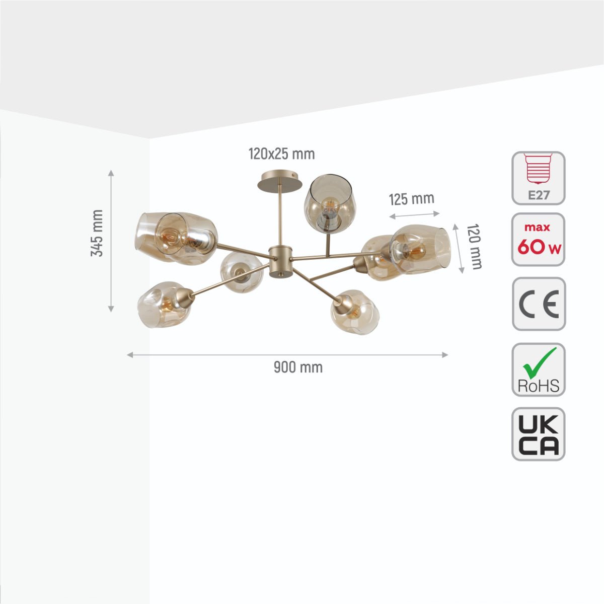 Size and specs of Amber Glass Metalic Gold Branch Twig Semi Flush Modern Ceiling Light with 8xE27 Fitting | TEKLED 159-17814