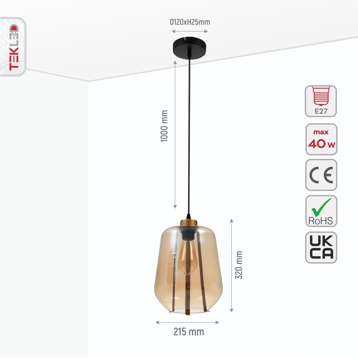 Size and specs of Amber Glass Schoolhouse Pendant Light L with E27 Fitting | TEKLED 159-17350