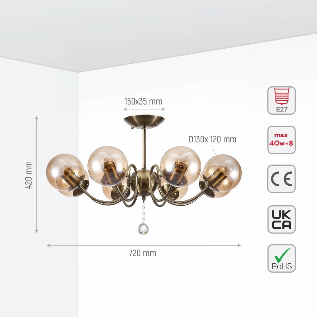 Size and specs of Amber Globe Glass Antique Brass Metal Body Vintage Retro Crystal Ceiling Light with E27 Fittings | TEKLED 159-17776