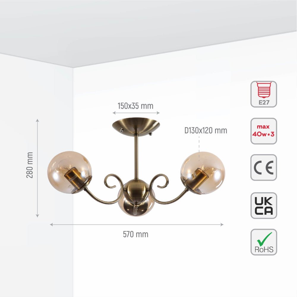 Size and specs of Amber Globe Glass Antique Brass Metal Body Vintage Retro Crystal Ceiling Light with E27 Fittings | TEKLED 159-17772