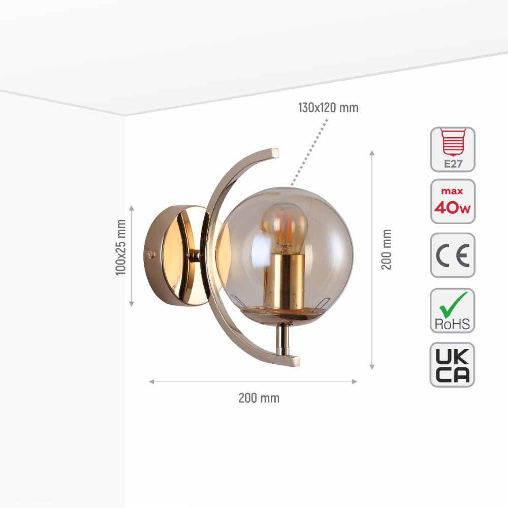 Size and specs of Amber Globe Glass Crescent Gold Metal Modern Wall Light with E27 Fitting | TEKLED 151-19806