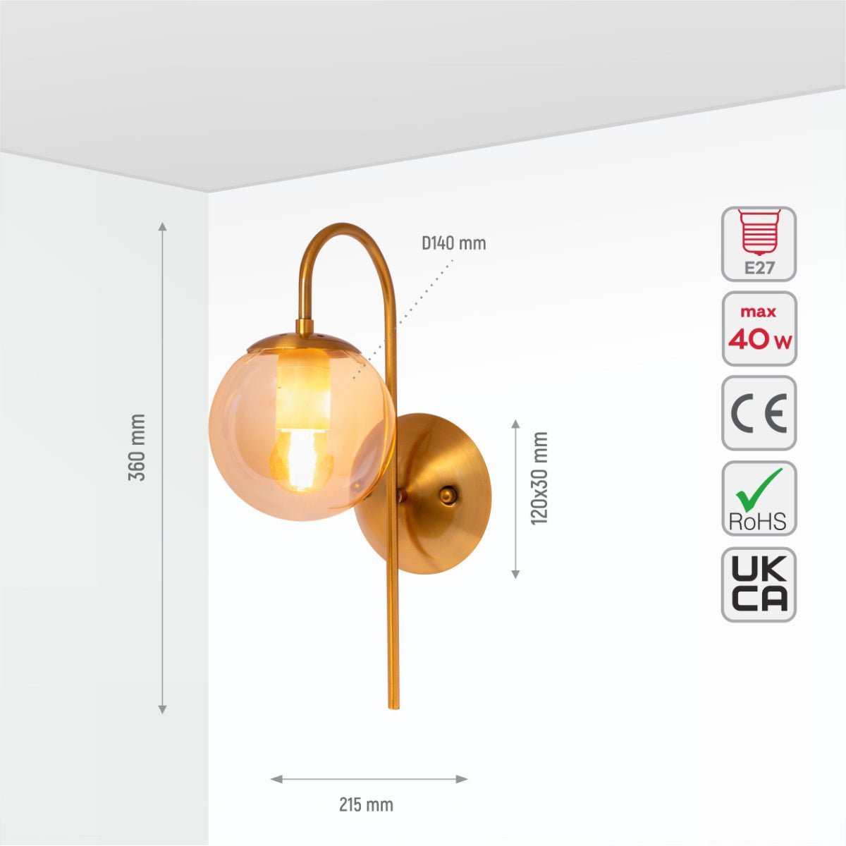 Size and specs of Amber Globe Glass Gold Aluminium Bronze Cane Metal Downward Wall Light with E27 Fitting | TEKLED 151-19488
