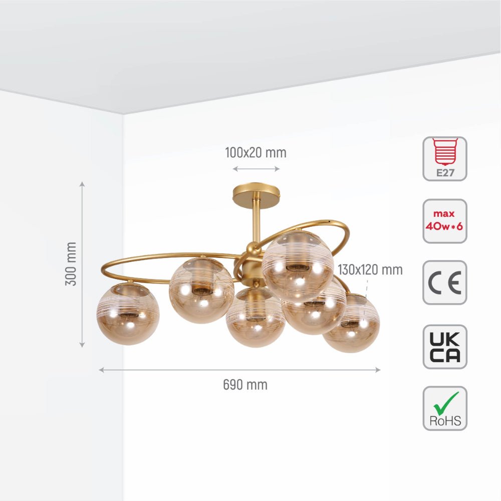 Size and specs of Amber Globe Glass Gold Ellipse Metal Body Semi Flush Modern Ceiling Light with E27 Fittings | TEKLED 159-17666