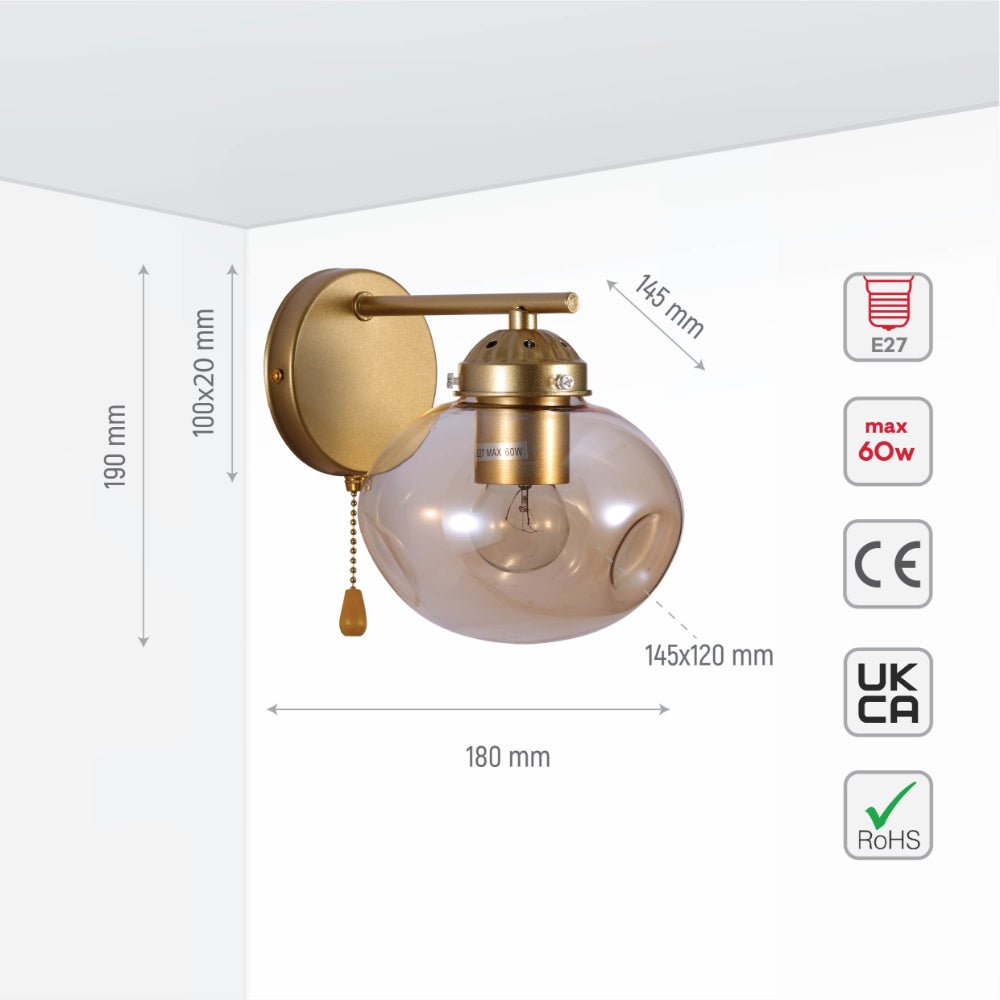 Size and specs of Amber Globe Glass Gold Metal Vintage Retro Wall Light with Pull Down Switch E27 Fitting | TEKLED 151-19774