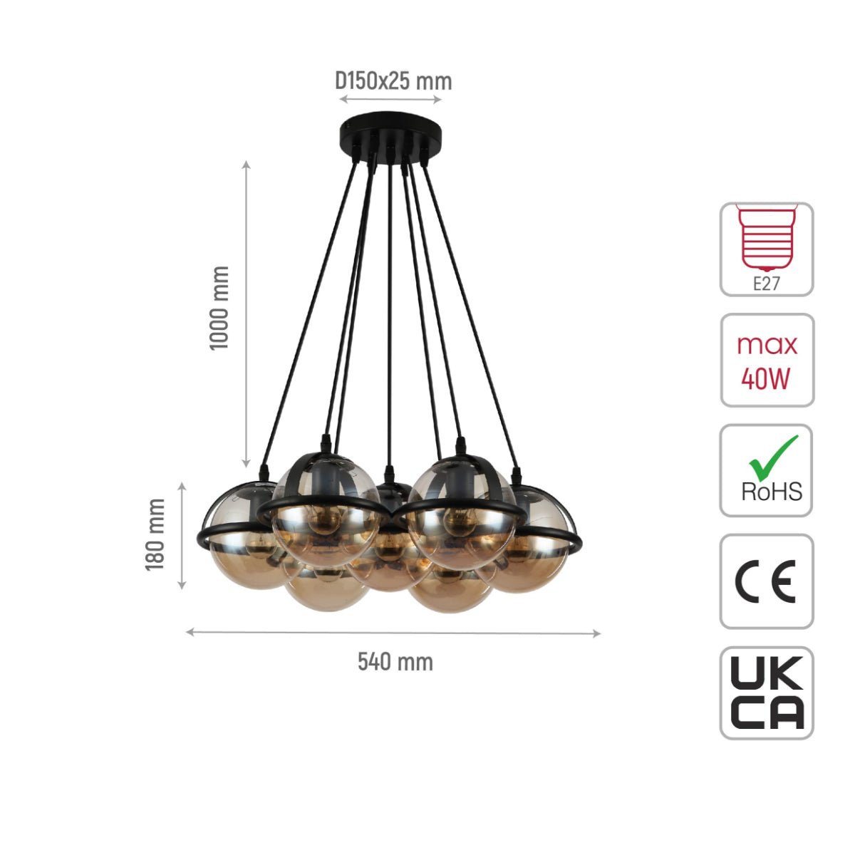 Size and specs of Amber Globe Glasses Daisy Modern Ceiling Light with 7xE27 Fittings | TEKLED 150-18105