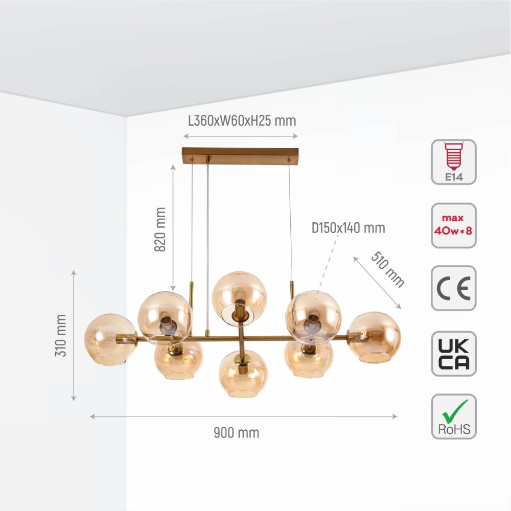 Size and specs of Amber Globe Glasses Gold Metal Body Kitchen Island Chandelier Ceiling Light with 8xE14 Fittings | TEKLED 158-19806