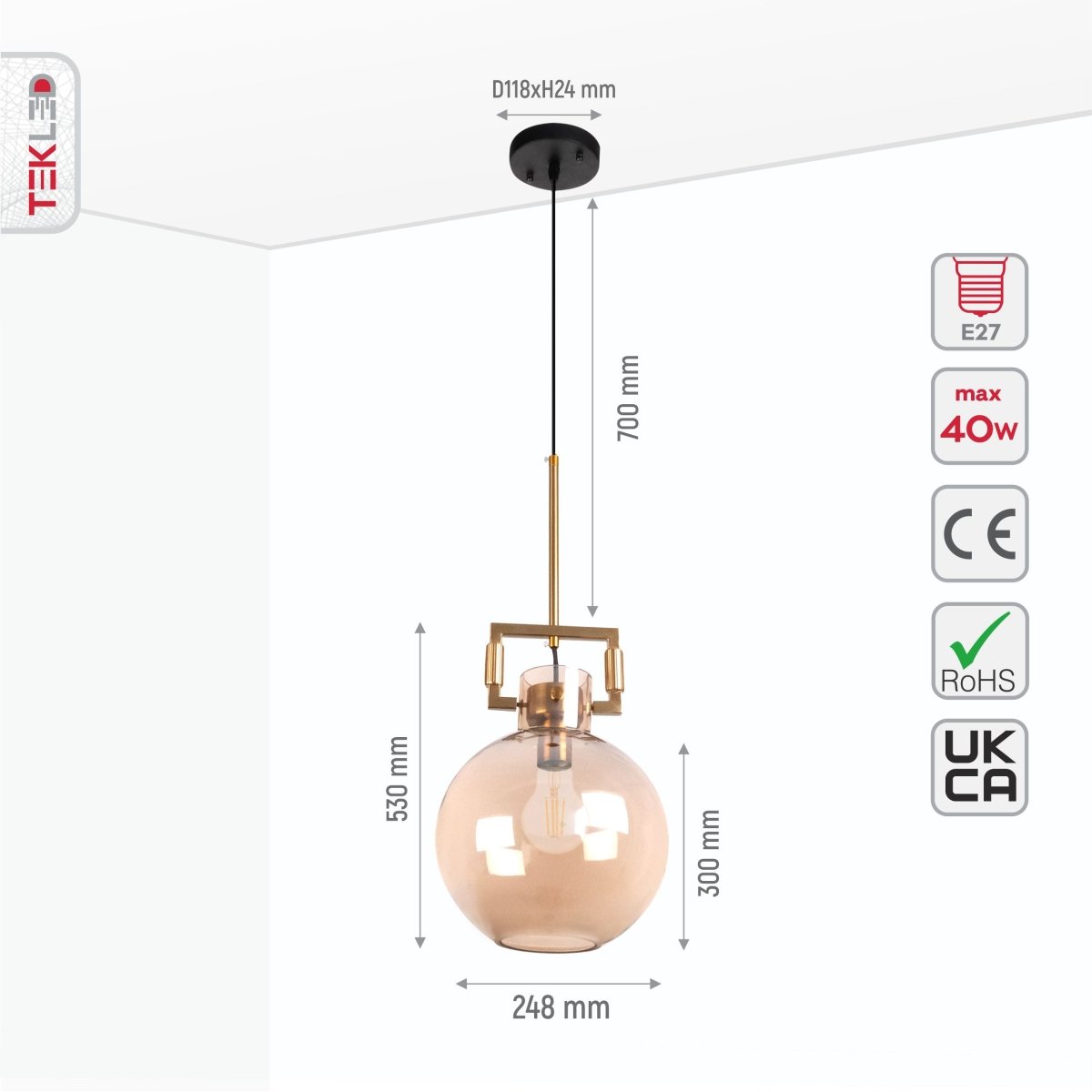 Size and specs of Amber Globe Gold Metal Modern Glass Ceiling Pendant Light with E27 Fitting | TEKLED 156-19472