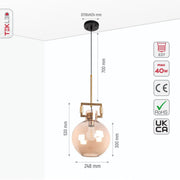 Size and specs of Amber Globe Gold Metal Modern Glass Ceiling Pendant Light with E27 Fitting | TEKLED 156-19472
