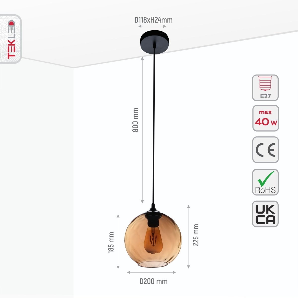 Size and specs of Amber Gold Glass Pendant Light D200 with E27 Fitting | TEKLED 158-196640