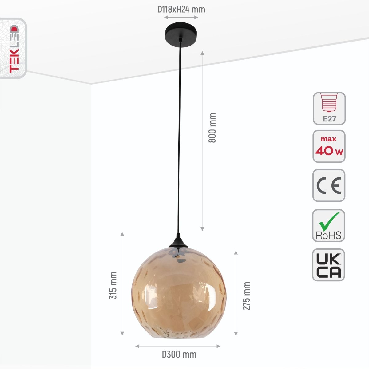 Size and specs of Amber Gold Glass Pendant Light D300 with E27 Fitting | TEKLED 158-196680