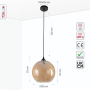 Size and specs of Amber Gold Glass Pendant Light D300 with E27 Fitting | TEKLED 158-196680